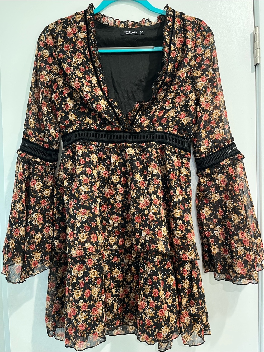 Nasty Gal “I’ll Be Bouquet” Black Sheer Floral Dress with Red & Cream Roses - Picture 5 of 16